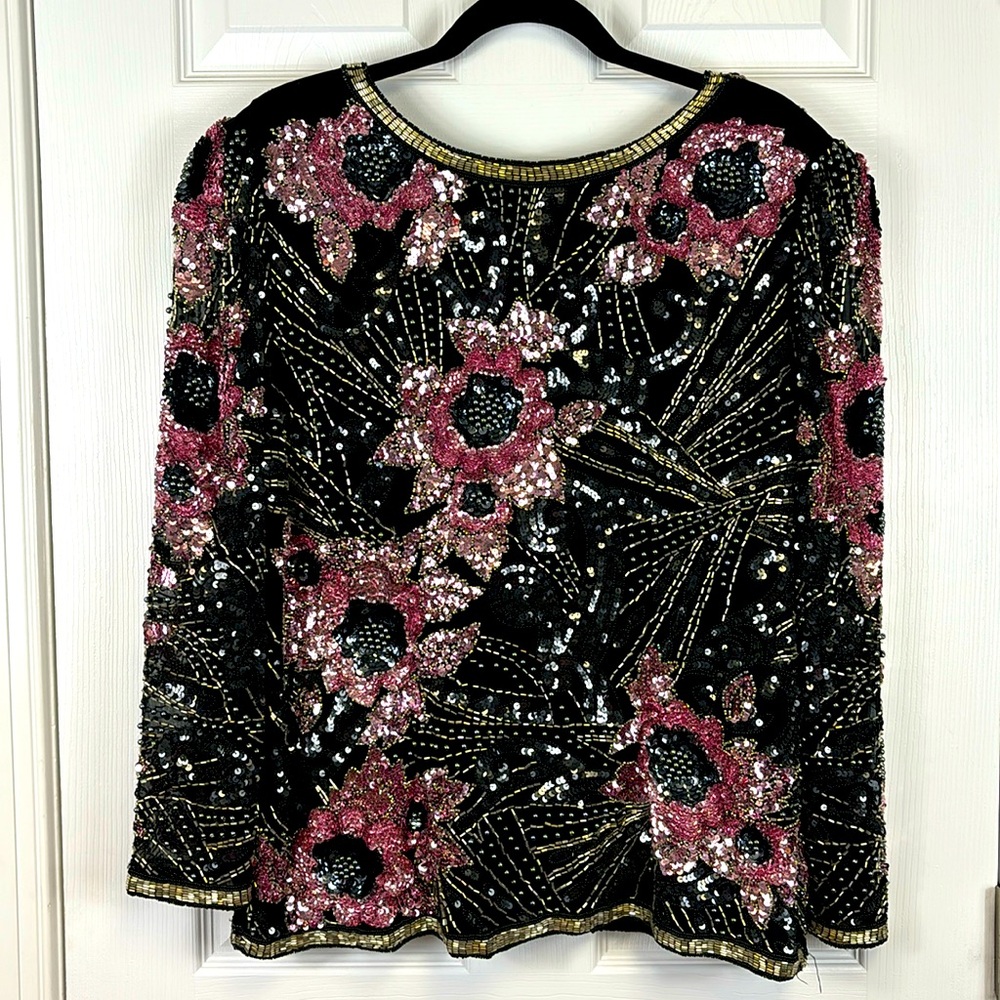Vintage Black Tie by He-Ro Industries sequin and beaded embellished blouse sz xl